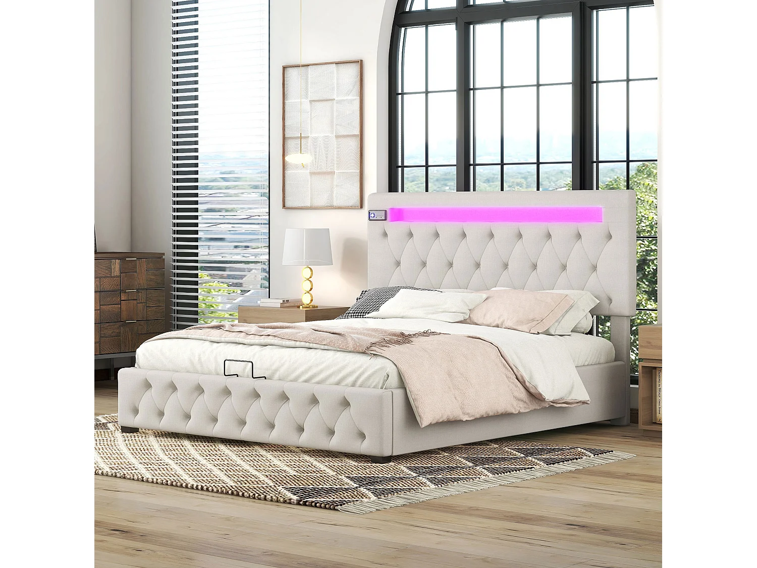 Lit coffre adulte 140x200 cm - Audio Bluetooth,LED - Tête de lit réglable - Beige (sans matelas)