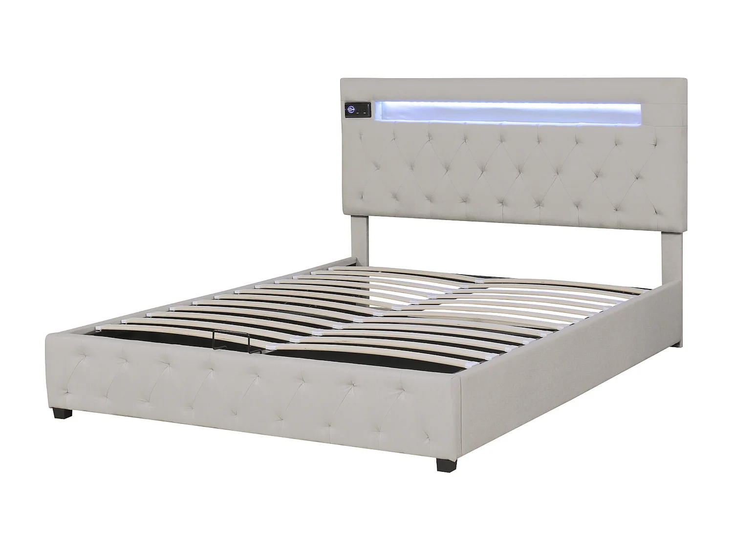 Lit coffre adulte 140x200 cm - Audio Bluetooth,LED - Tête de lit réglable - Beige (sans matelas)