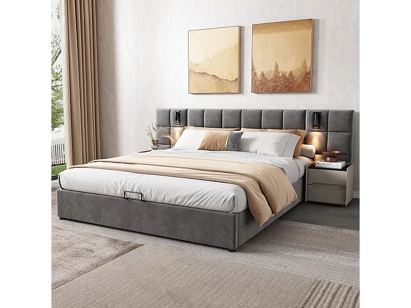 Lit coffre adulte 140x200 cm avec lampe et port USB – Tête de lit large en velours gris à carreaux (sans matelas ni chevet)