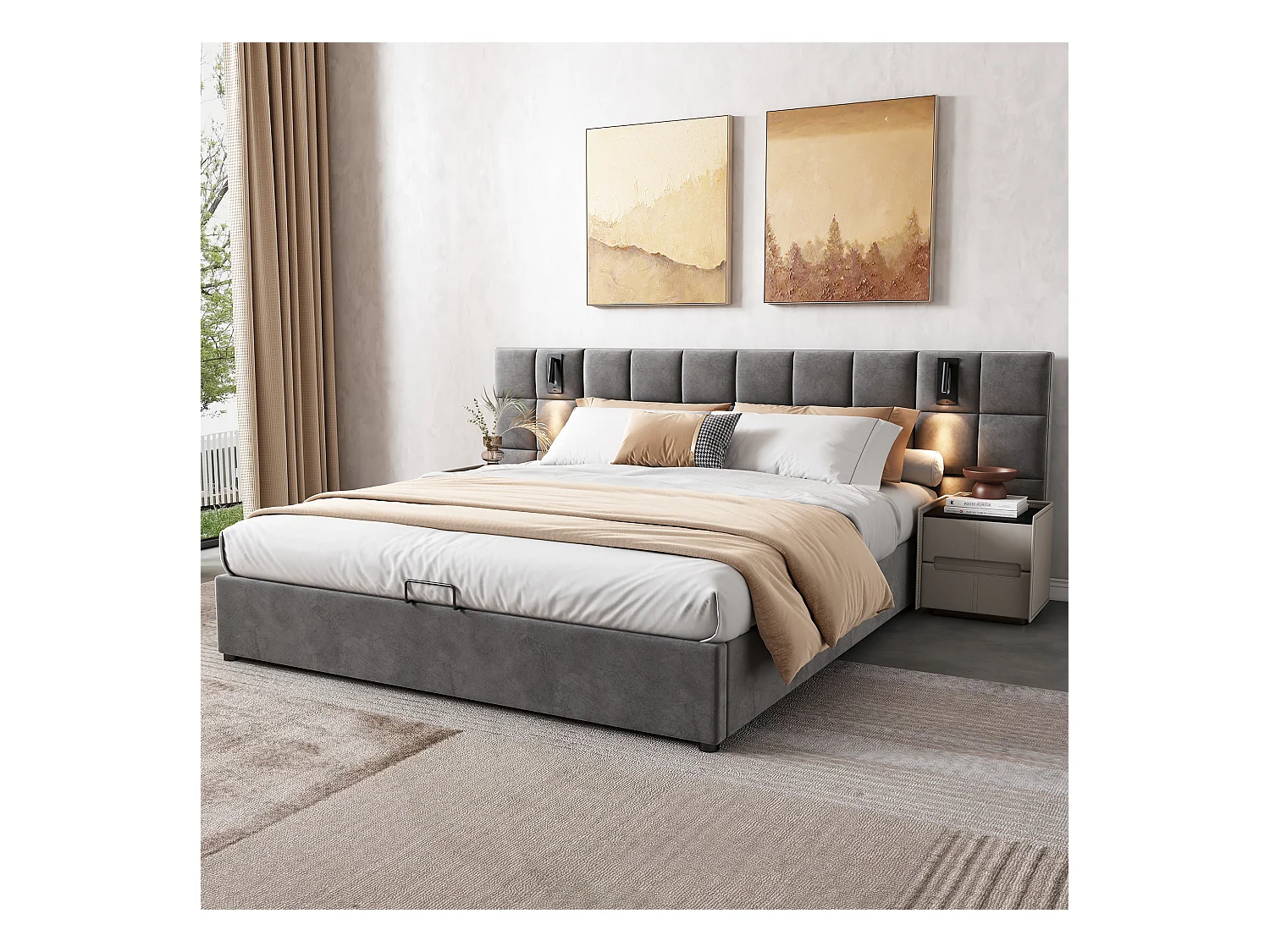 Lit coffre adulte 140x200 cm avec lampe et port USB – Tête de lit large en velours gris à carreaux (sans matelas ni chevet)