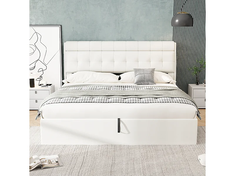 Tweepersoons opbergbed 180x200 cm, hydraulisch bed met verborgen hoofdbord, wit PU materiaal (zonder matras)