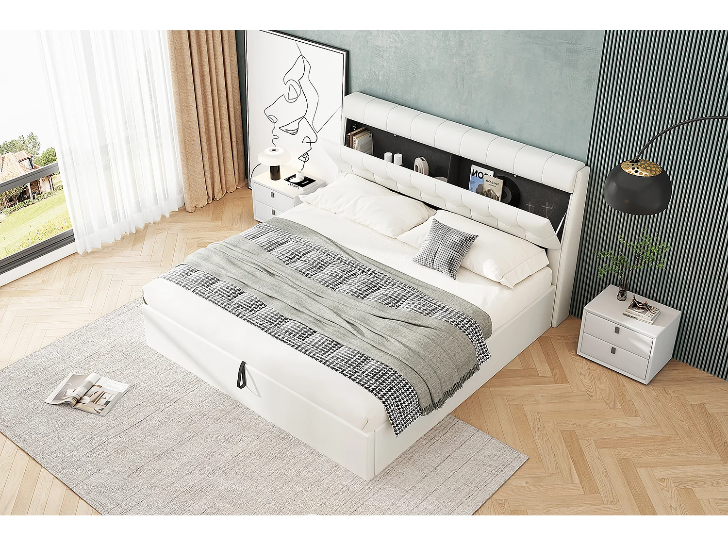 Tweepersoons opbergbed 180x200 cm, hydraulisch bed met verborgen hoofdbord, wit PU materiaal (zonder matras)