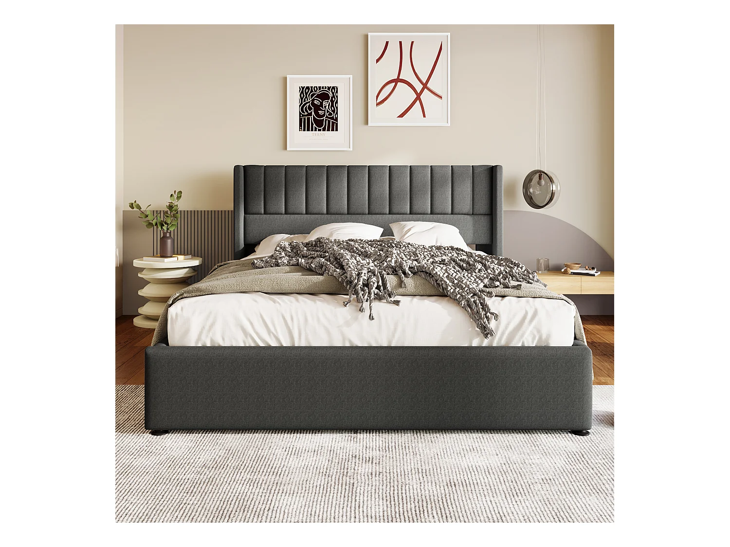 Cama baúl doble 140x200 cm para adultos, con sistema hidráulico, somier de lamas de madera y tapizado en lino gris (sin colchón)