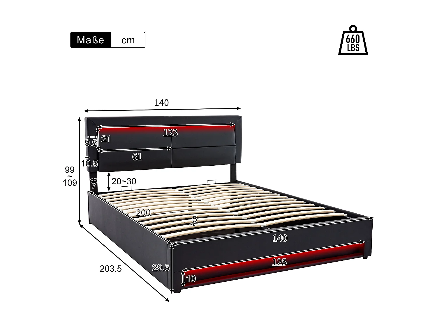 Lit coffre adulte 140x200 cm avec USB, LED , Sans Matelas, Revêtement en PU Noir