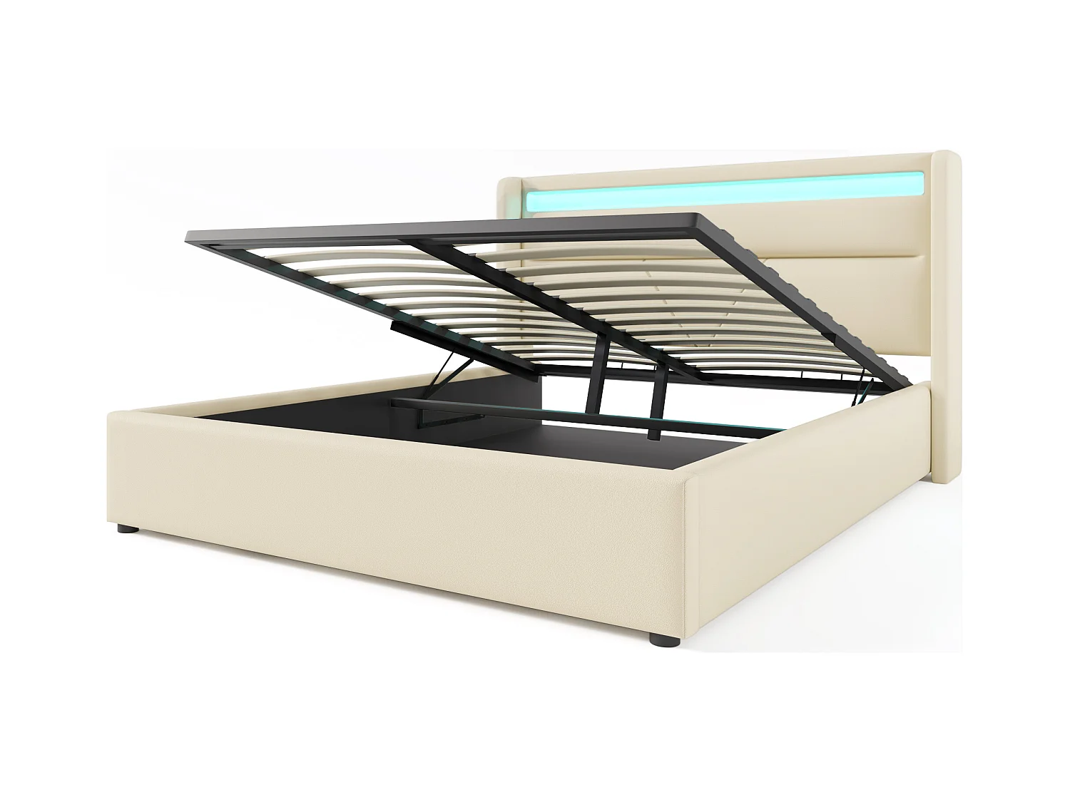 Lit coffre adulte 160x200 cm hydraulique, éclairage LED, cadre en velours blanc(sans matelas)