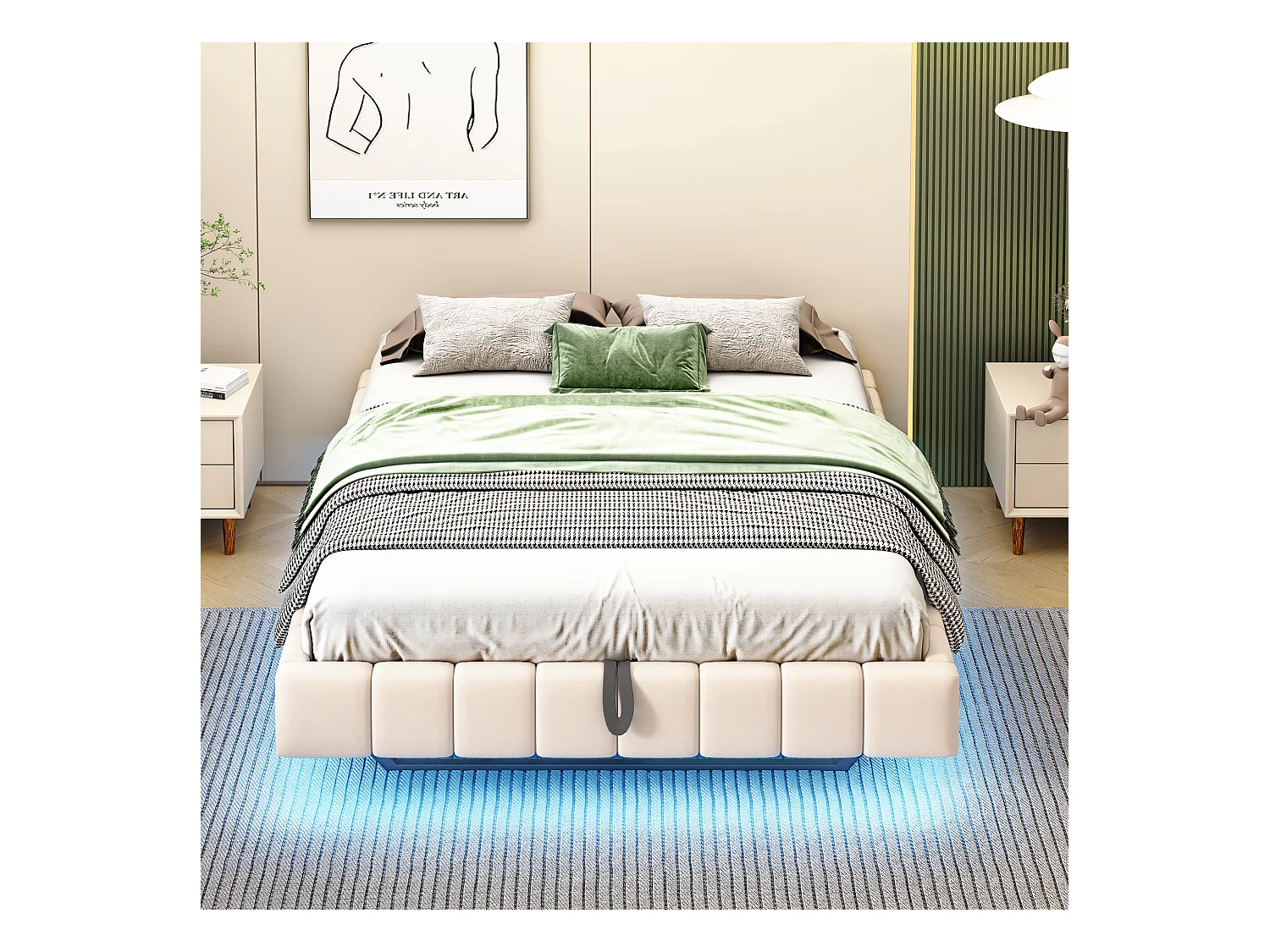 Gestoffeerd bed 140x200 cm zonder hoofdeinde – hydraulisch zwevend frame, LED, geïntegreerde opbergruimte – Beige linnen (zonder matras)