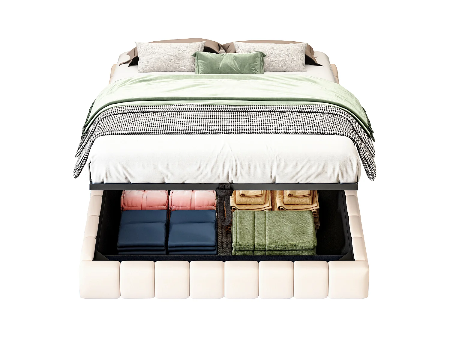 Gestoffeerd bed 140x200 cm zonder hoofdeinde – hydraulisch zwevend frame, LED, geïntegreerde opbergruimte – Beige linnen (zonder matras)