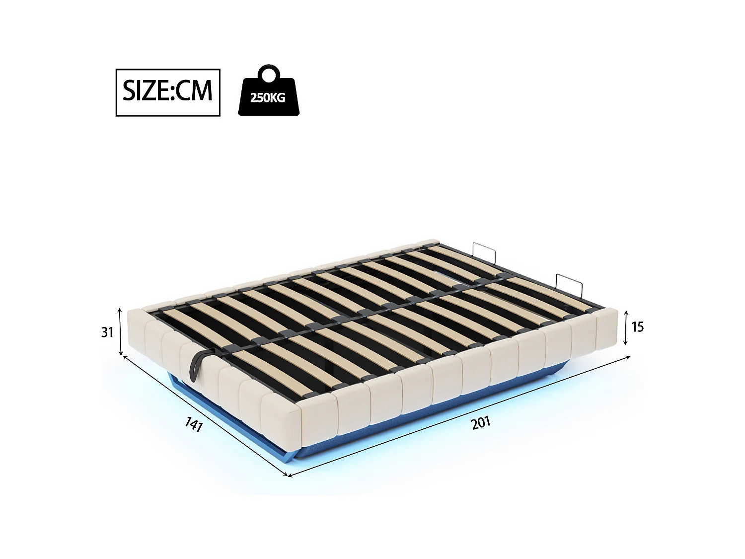 Gestoffeerd bed 140x200 cm zonder hoofdeinde – hydraulisch zwevend frame, LED, geïntegreerde opbergruimte – Beige linnen (zonder matras)