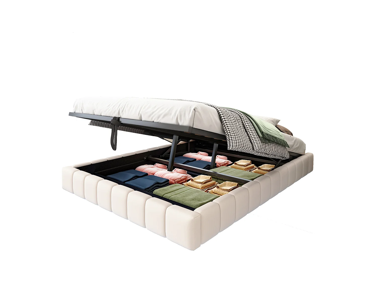 Gestoffeerd bed 140x200 cm zonder hoofdeinde – hydraulisch zwevend frame, LED, geïntegreerde opbergruimte – Beige linnen (zonder matras)