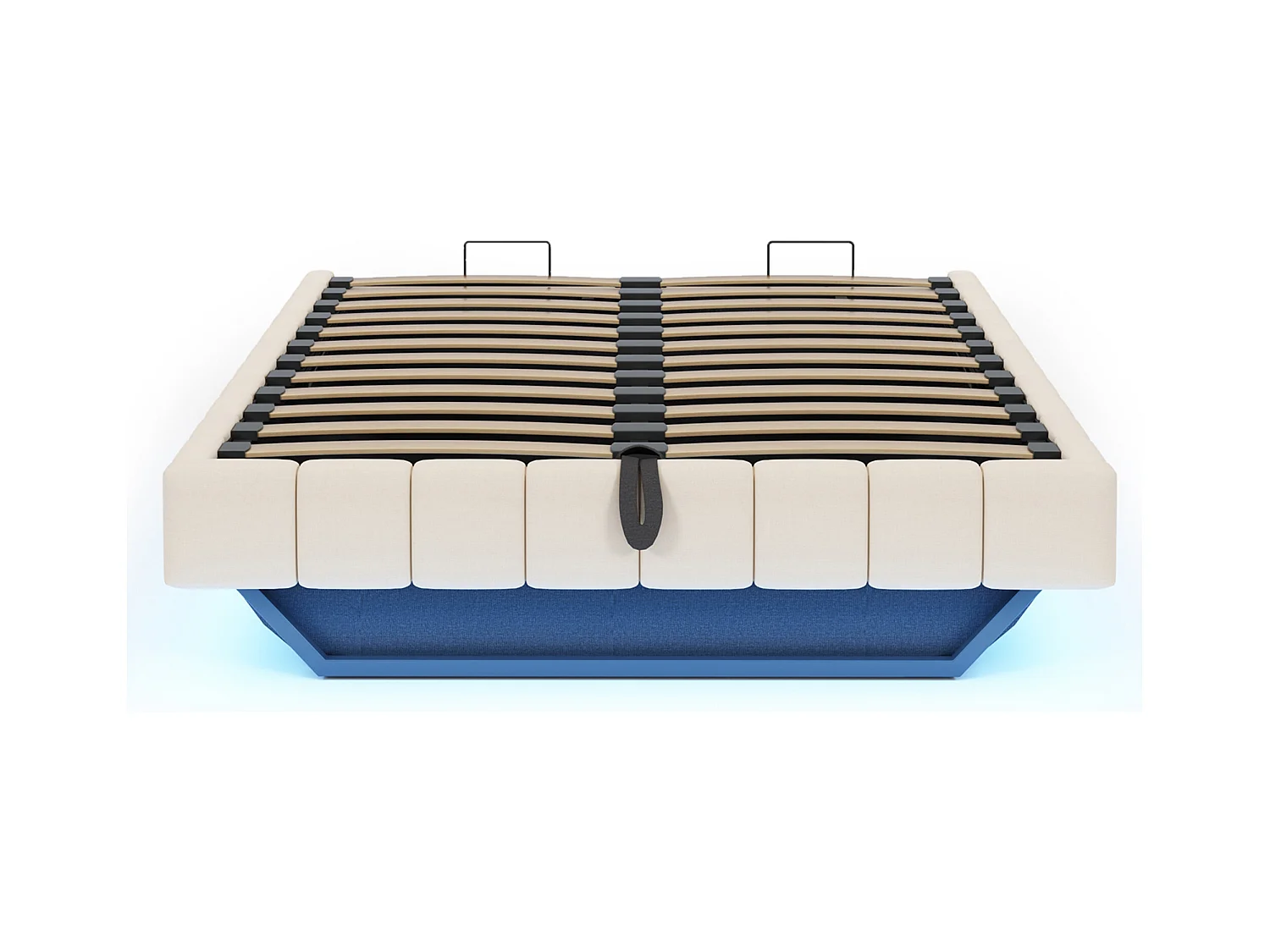 Gestoffeerd bed 140x200 cm zonder hoofdeinde – hydraulisch zwevend frame, LED, geïntegreerde opbergruimte – Beige linnen (zonder matras)