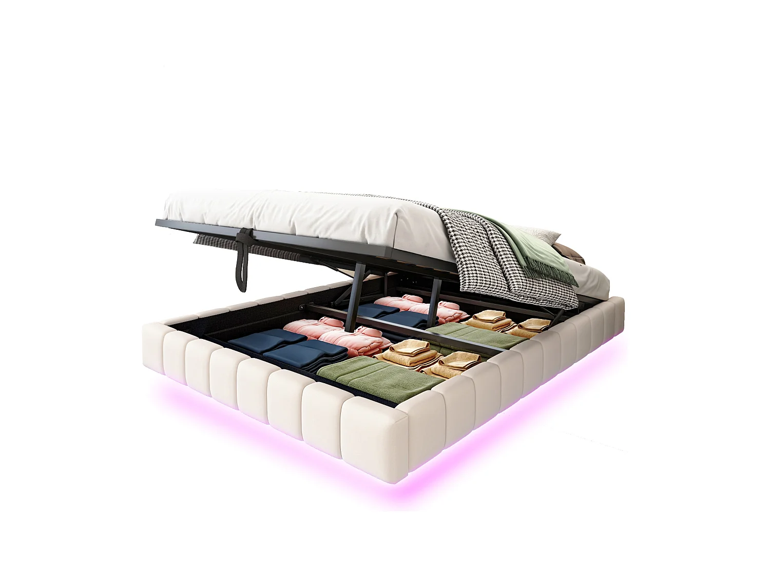 Gestoffeerd bed 140x200 cm zonder hoofdeinde – hydraulisch zwevend frame, LED, geïntegreerde opbergruimte – Beige linnen (zonder matras)