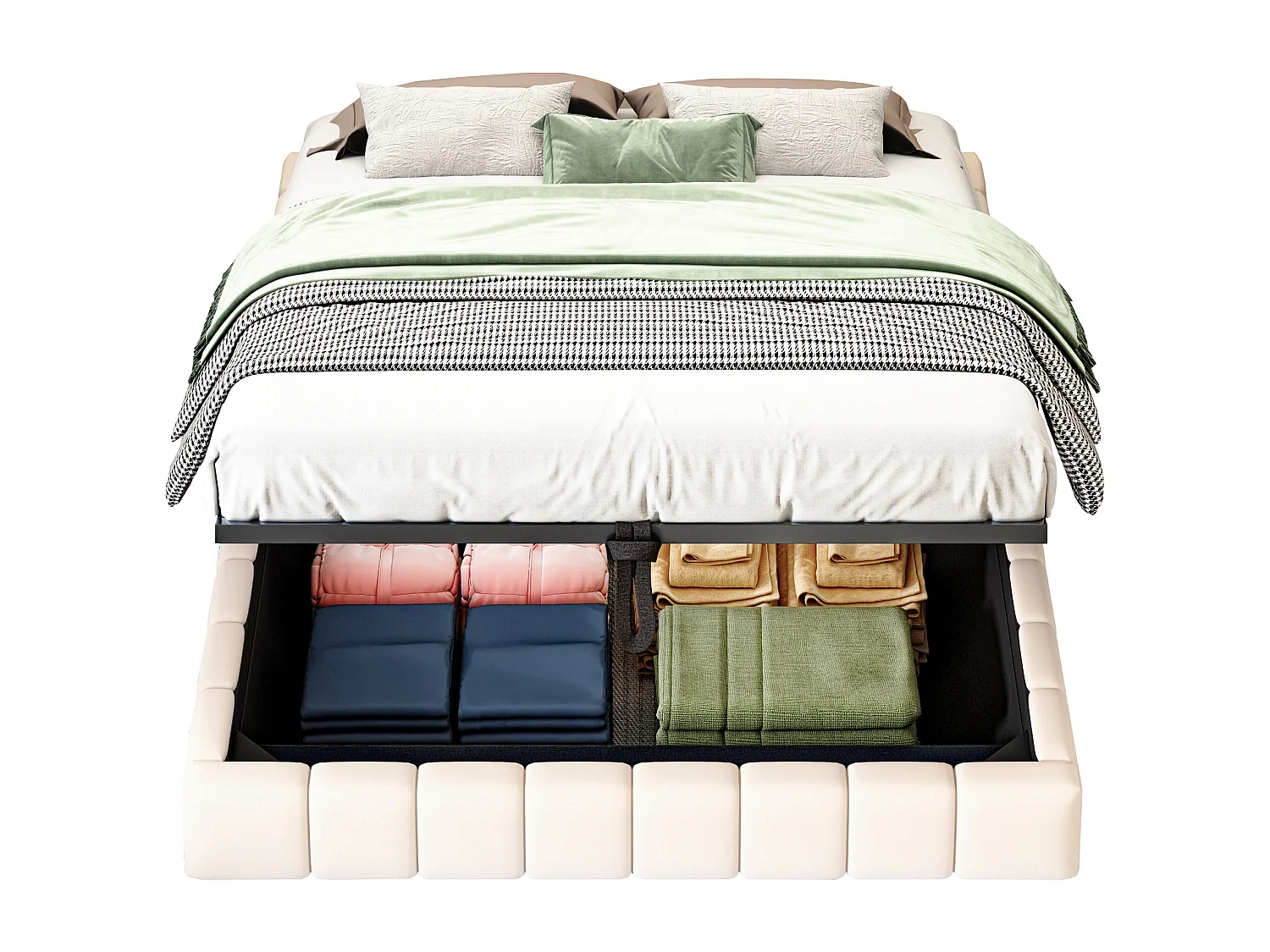 Lit rembourré 140x200 cm sans tête de lit – cadre flottant hydraulique, LED, rangement intégré – Lin beige (sans matelas)