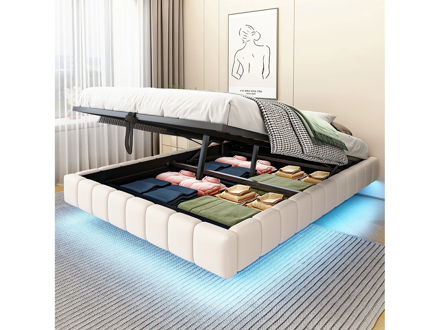 Lit rembourré 140x200 cm sans tête de lit – cadre flottant hydraulique, LED, rangement intégré – Lin beige (sans matelas)