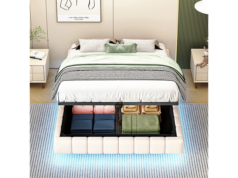 Lit rembourré 140x200 cm sans tête de lit – cadre flottant hydraulique, LED, rangement intégré – Lin beige (sans matelas)