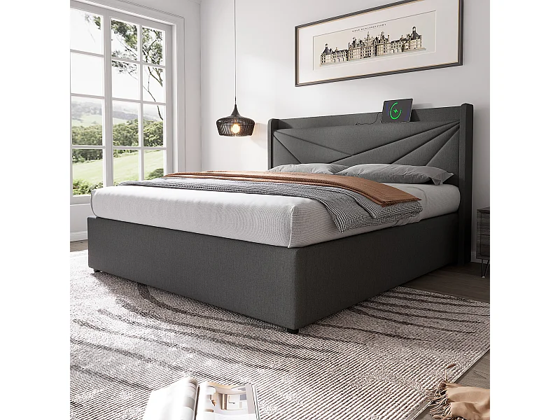 Opbergbed dubbel 180x200 cm, hoofdeinde met USB Type-C opladen, grijze linnen frame (zonder matras)