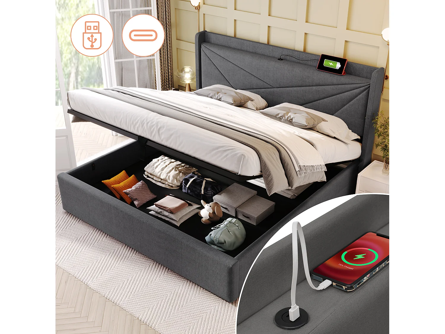 Lit coffre adulte 180x200 cm, tête de lit avec chargement USB Type-C, tissu en lin gris(sans matelas)