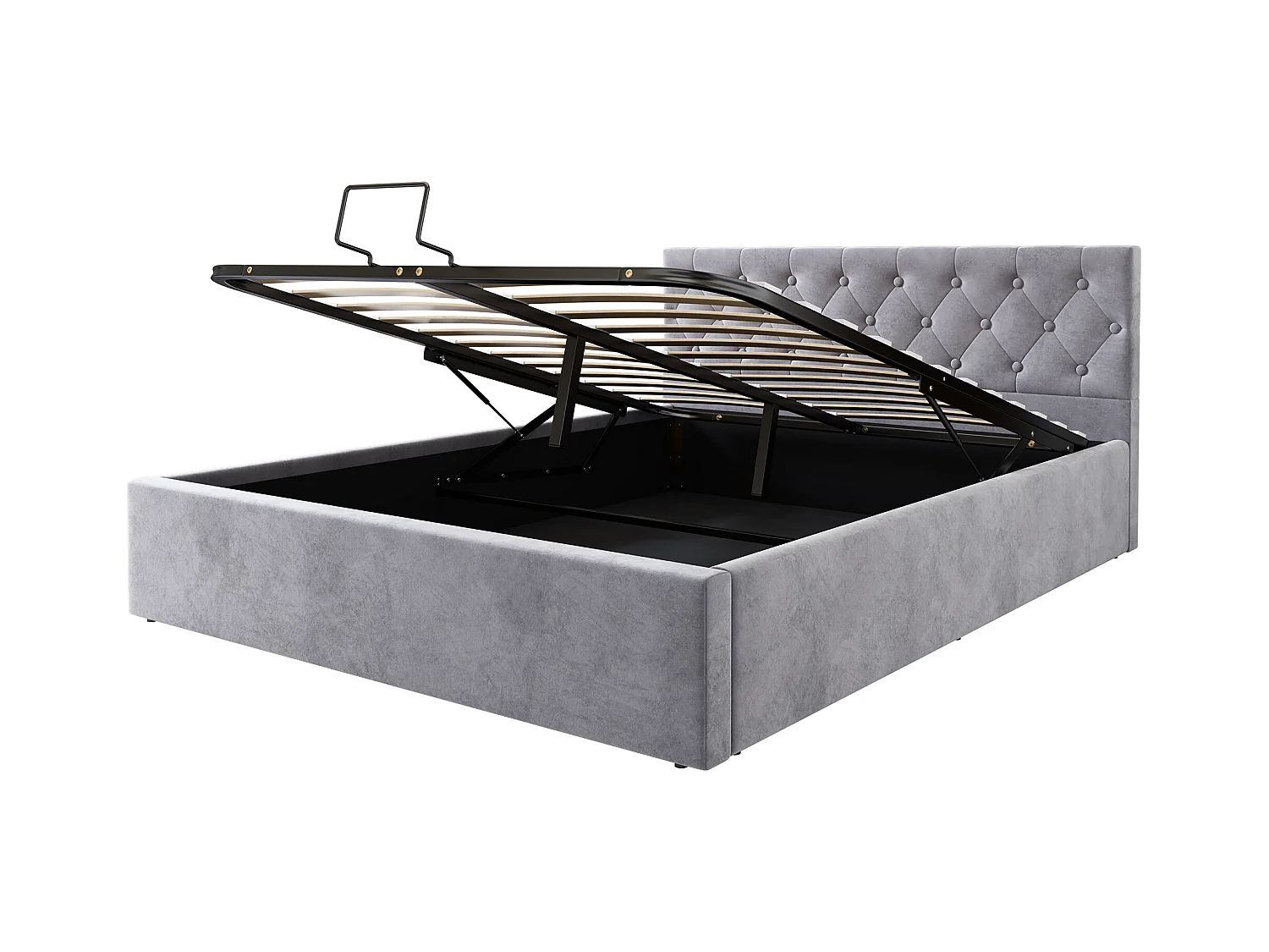 Lit coffre adulte 140x200 cm en velours gris, tête de lit capitonnée(sans matelas)