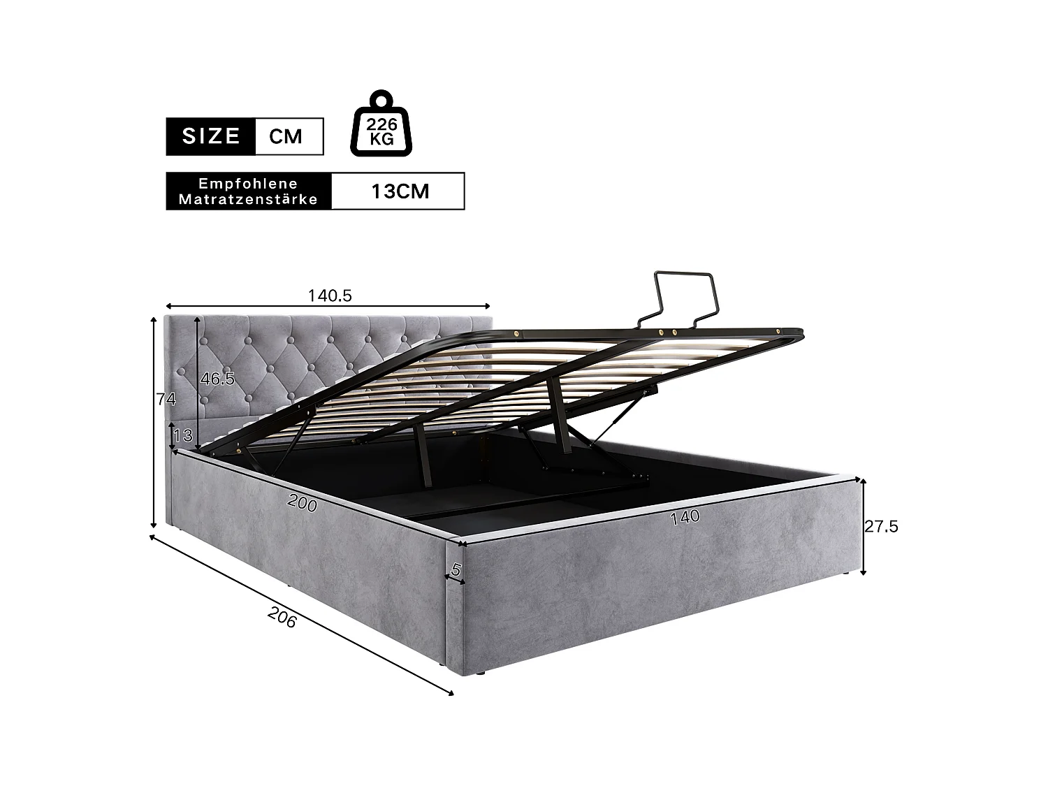 Lit coffre adulte 140x200 cm en velours gris, tête de lit capitonnée(sans matelas)