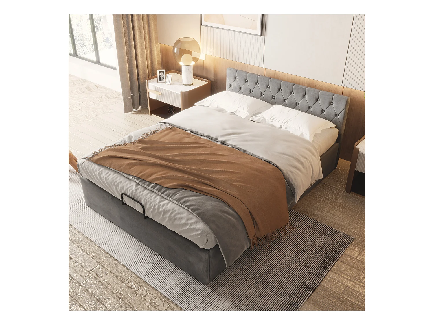 Lit coffre adulte 140x200 cm en velours gris, tête de lit capitonnée(sans matelas)