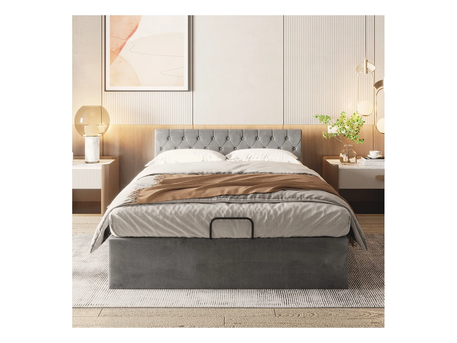 Lit coffre adulte 140x200 cm en velours gris, tête de lit capitonnée(sans matelas)