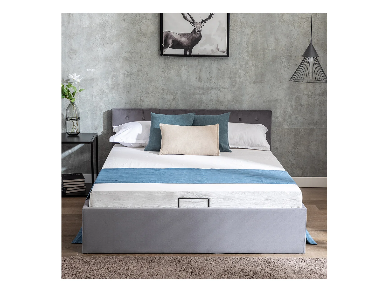 Lit coffre adulte 140x200 cm en velours gris, tête de lit capitonnée(sans matelas)