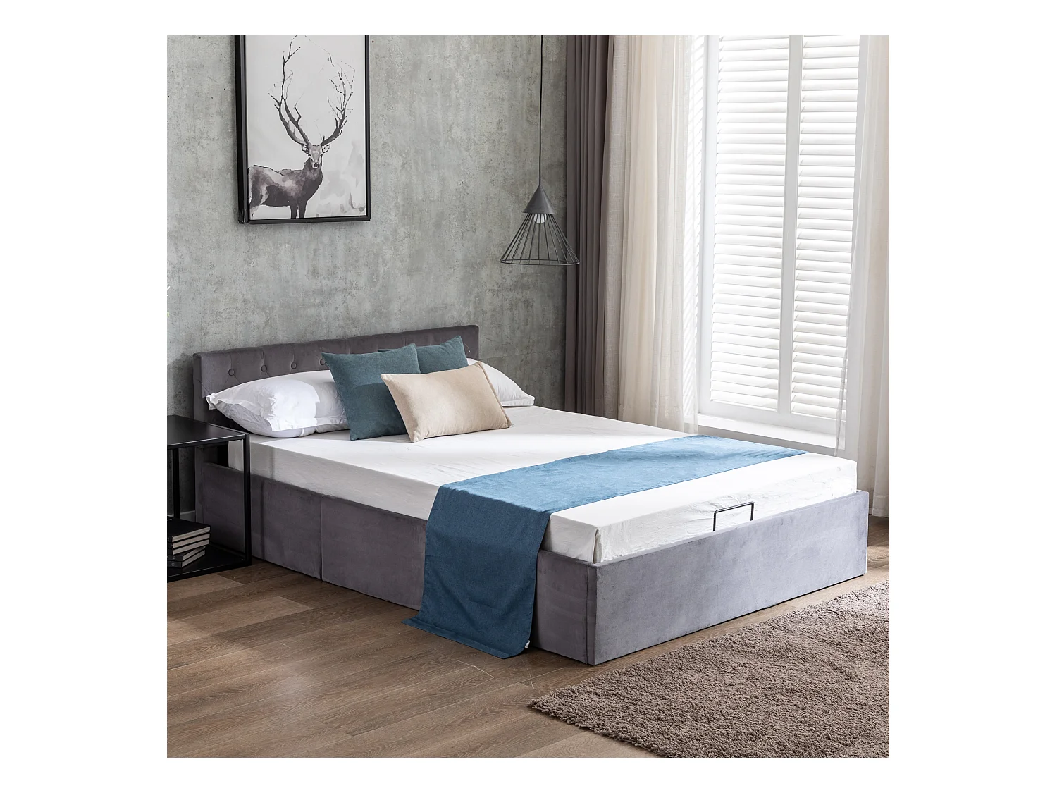Lit coffre adulte 140x200 cm en velours gris, tête de lit capitonnée(sans matelas)