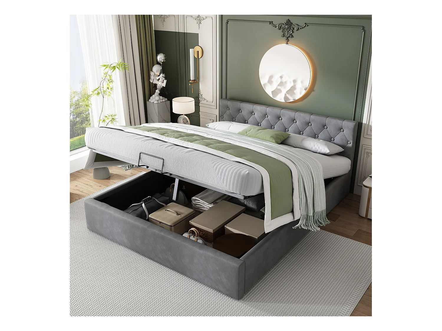 Lit coffre adulte 140x200 cm en velours gris, tête de lit capitonnée(sans matelas)