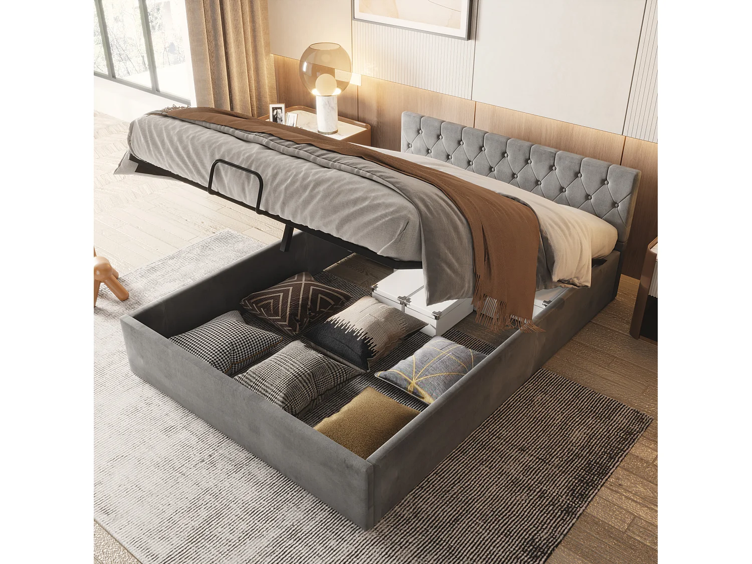 Opbergbed dubbel 140x200 cm in grijze fluweel, capitonné hoofdbord (zonder matras)