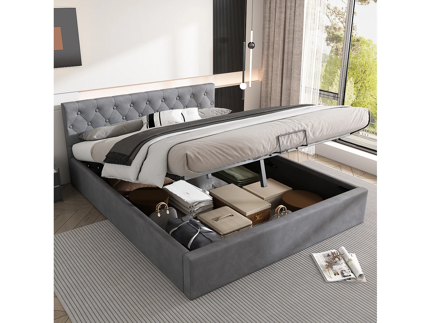 Opbergbed dubbel 140x200 cm in grijze fluweel, capitonné hoofdbord (zonder matras)
