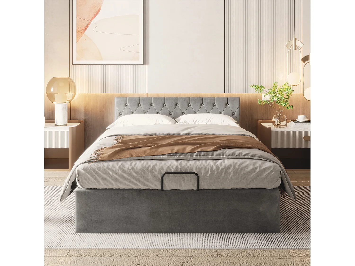 Opbergbed dubbel 140x200 cm in grijze fluweel, capitonné hoofdbord (zonder matras)