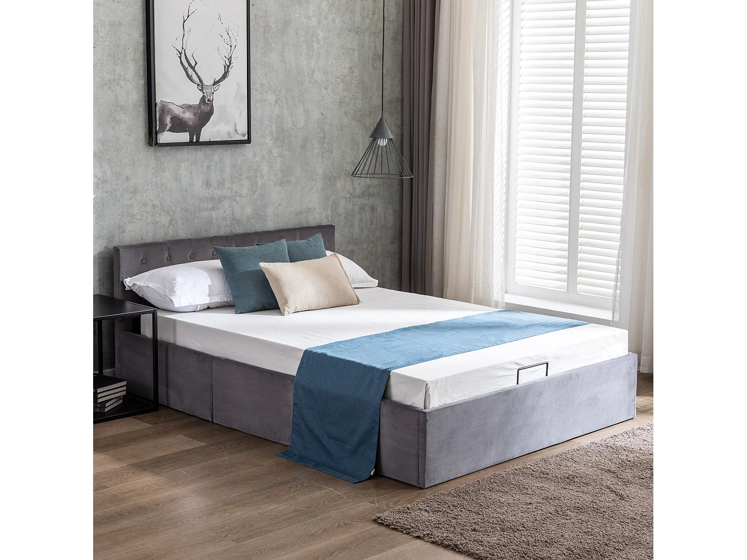 Opbergbed dubbel 140x200 cm in grijze fluweel, capitonné hoofdbord (zonder matras)