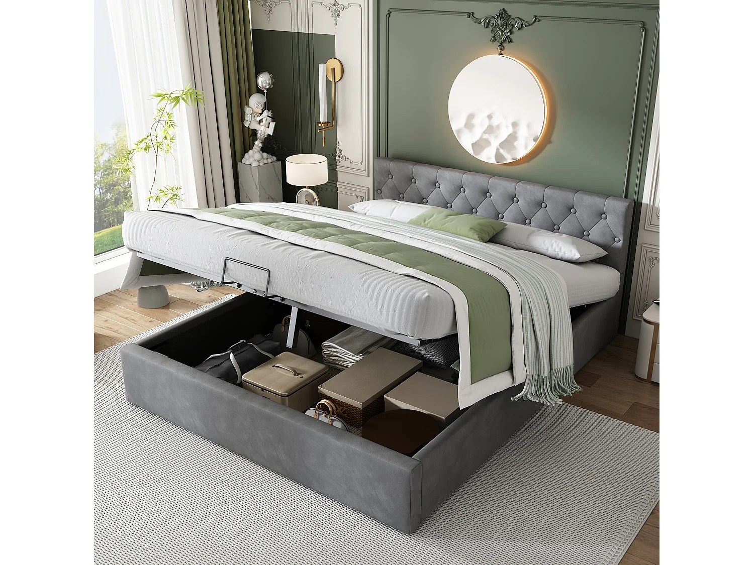 Opbergbed dubbel 140x200 cm in grijze fluweel, capitonné hoofdbord (zonder matras)