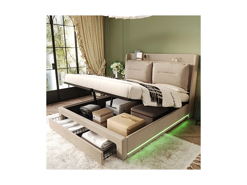 Cama hidráulica 140x190 com LED – Armazenamento 2 em 1 – Veludo bege – Sem colchão