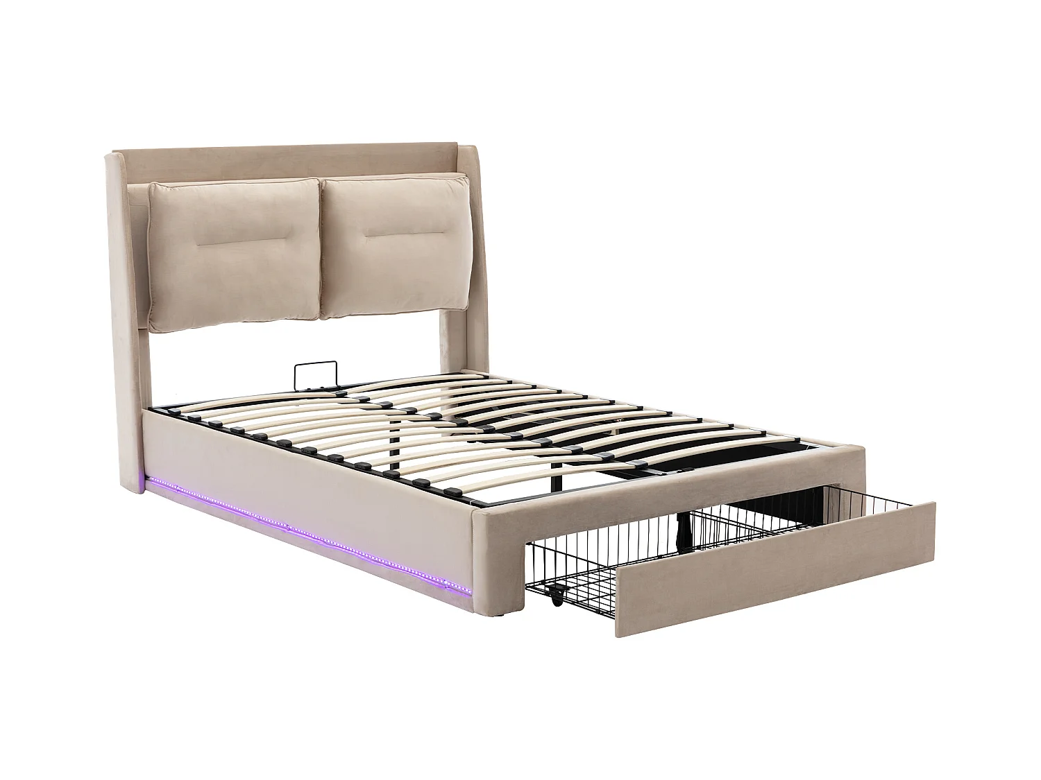 Lit 140x190 hydraulique LED - Rangement 2-en-1 - Velours beige clair - Sans matelas
