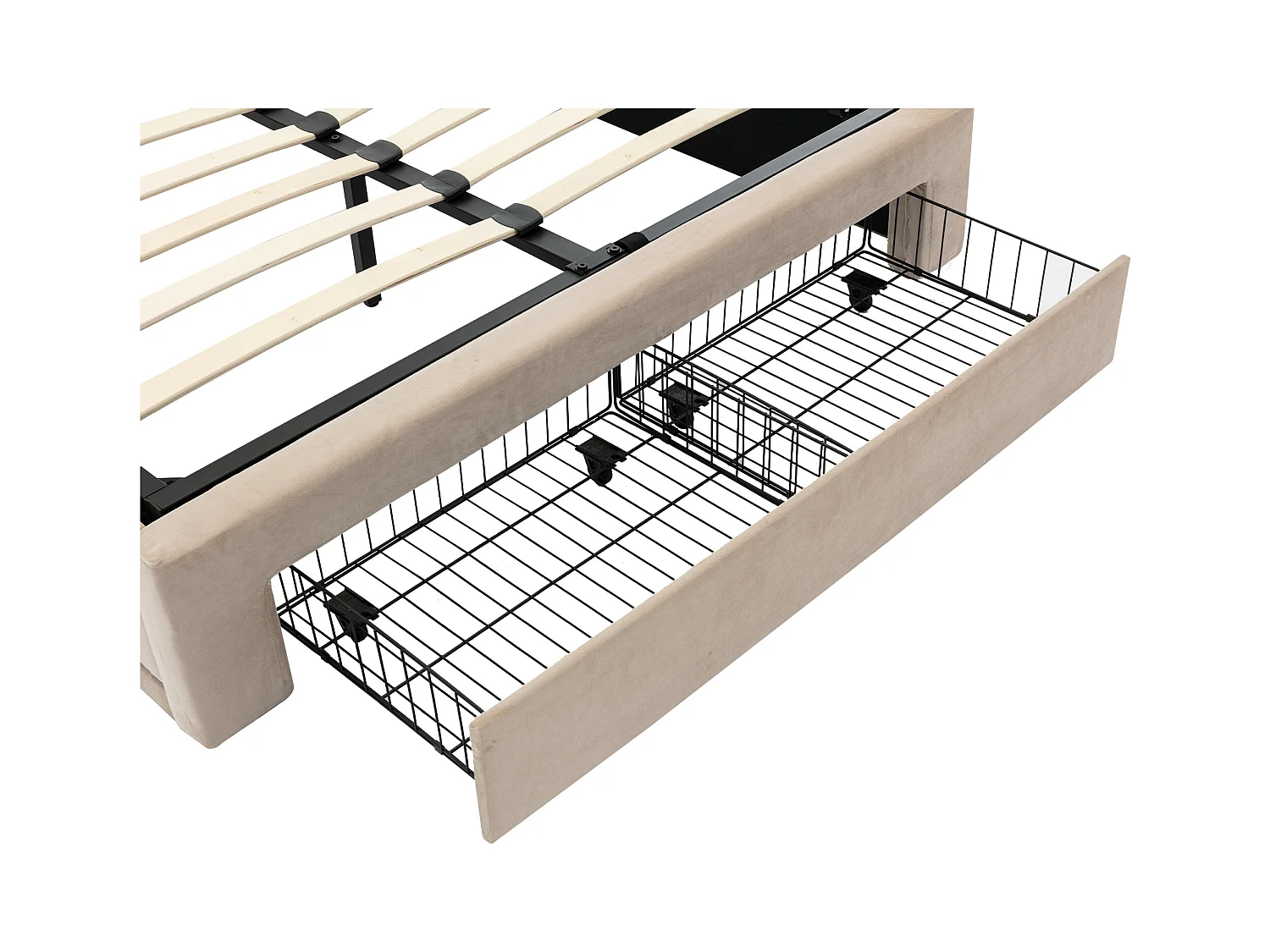 Lit 140x190 hydraulique LED - Rangement 2-en-1 - Velours beige clair - Sans matelas