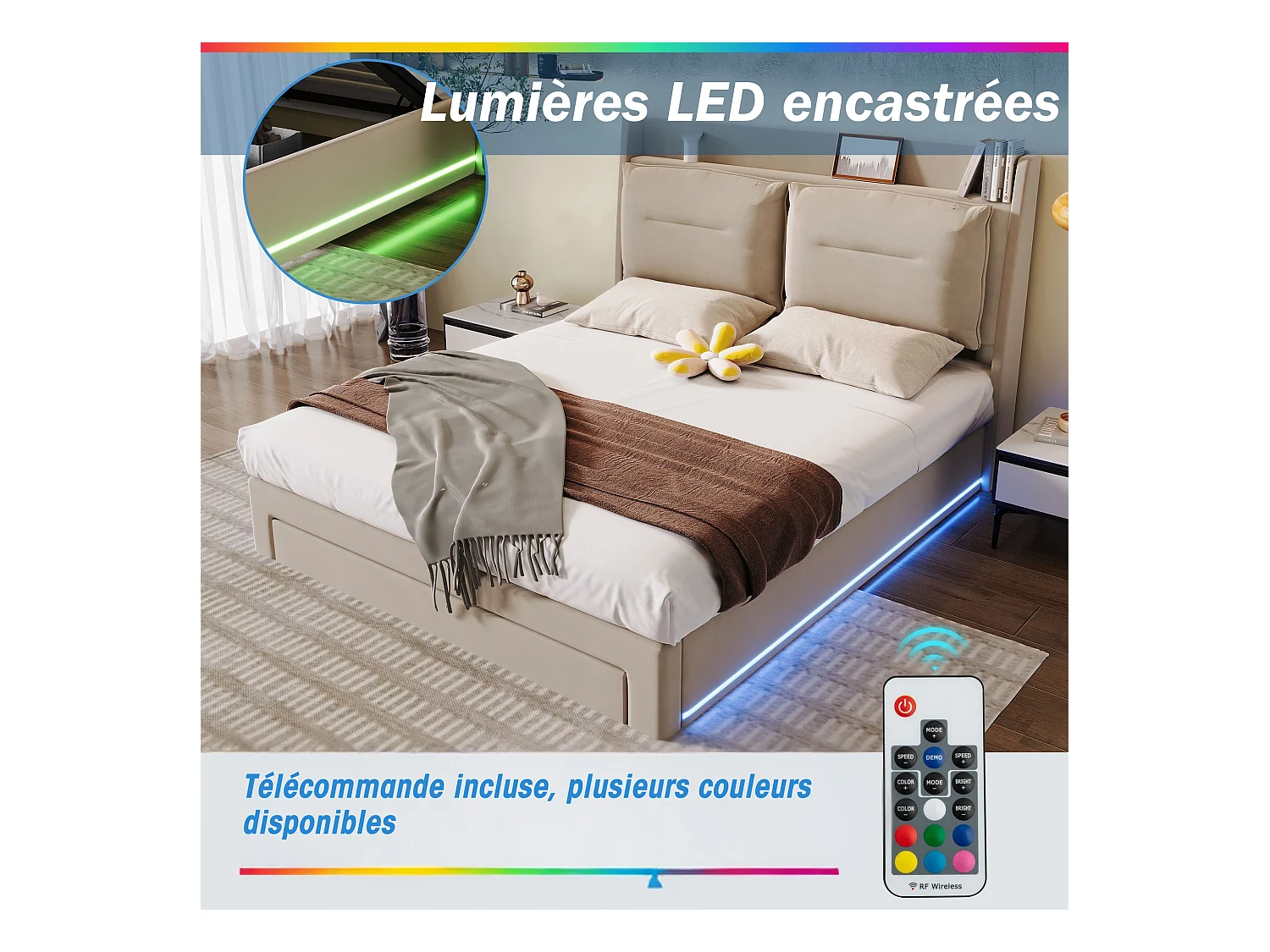 Lit 140x190 hydraulique LED - Rangement 2-en-1 - Velours beige clair - Sans matelas