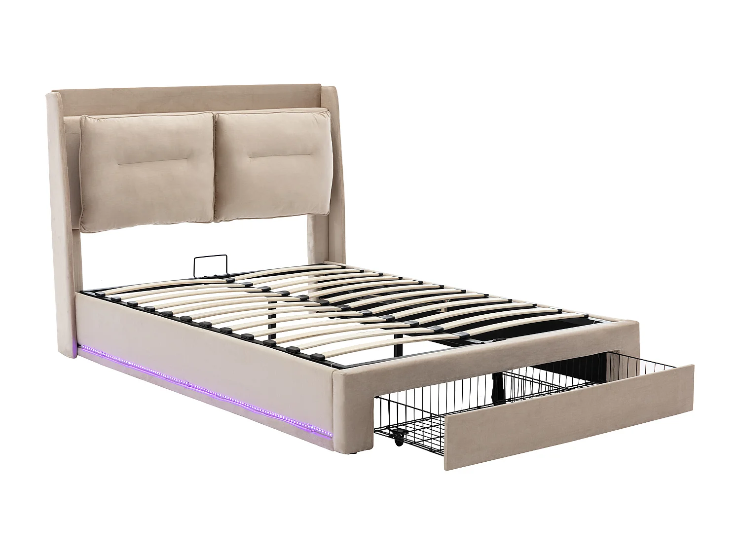Cama hidráulica 140x190 com LED – Armazenamento 2 em 1 – Veludo bege – Sem colchão