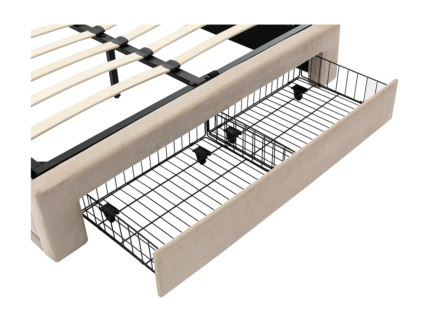 Cama hidráulica 140x190 com LED – Armazenamento 2 em 1 – Veludo bege – Sem colchão