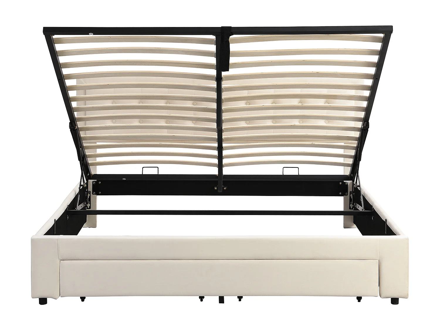 Cama de casal com arrumação 180x200 cm com gavetas, tecido de veludo bege, sem colchão