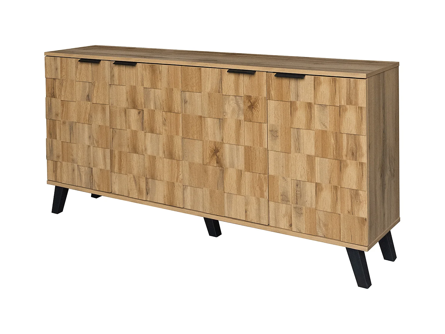 Buffet avec 4 portes, corps texturé en bois clair avec poignées et pieds en métal noir, 160,5 x 35,5 x 78 cm