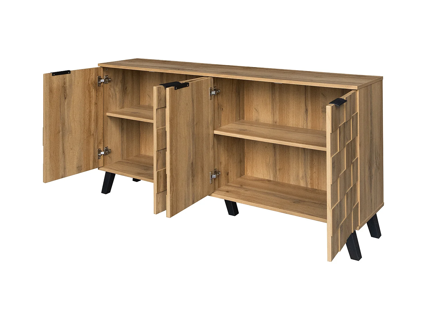 Buffet avec 4 portes, corps texturé en bois clair avec poignées et pieds en métal noir, 160,5 x 35,5 x 78 cm