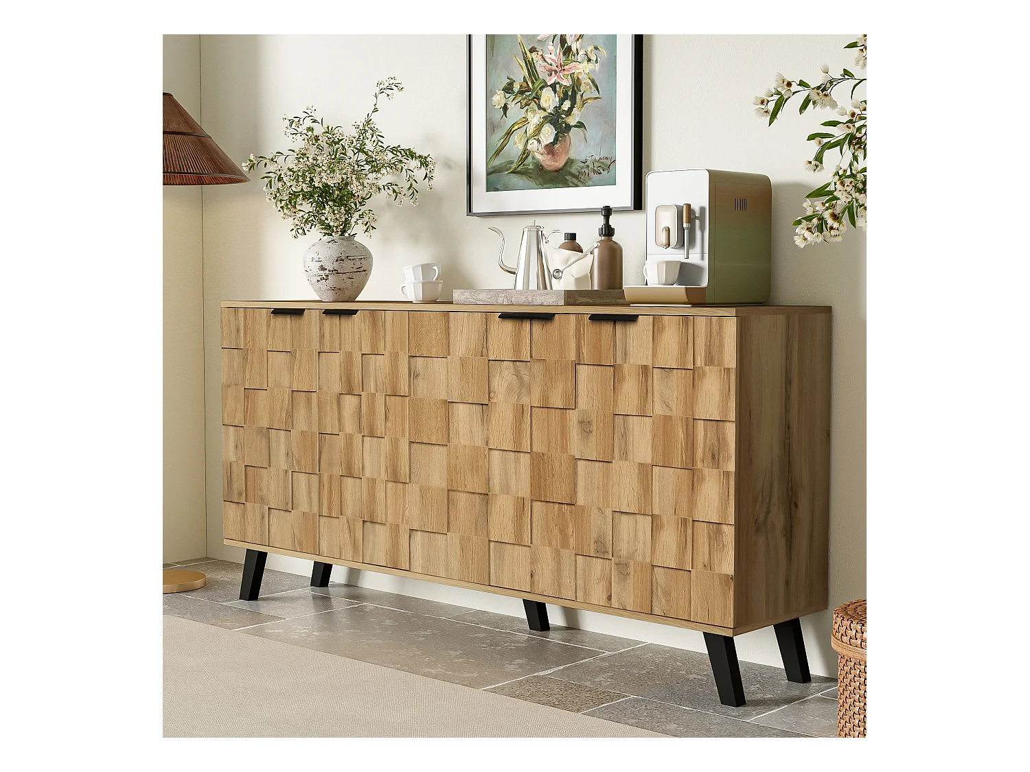 Buffet avec 4 portes, corps texturé en bois clair avec poignées et pieds en métal noir, 160,5 x 35,5 x 78 cm