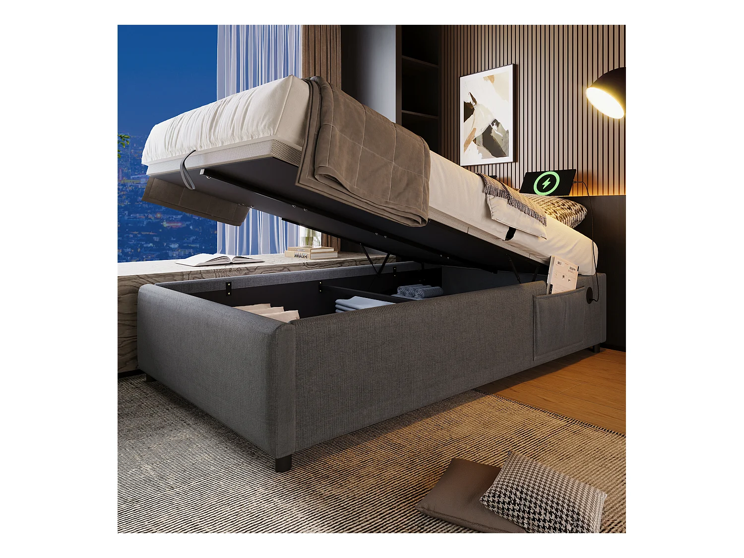 Lit coffre enfant 90x200 cm - Charge USB-C - sommier à lattes - Tissu coton gris (sans tête de lit et matelas)