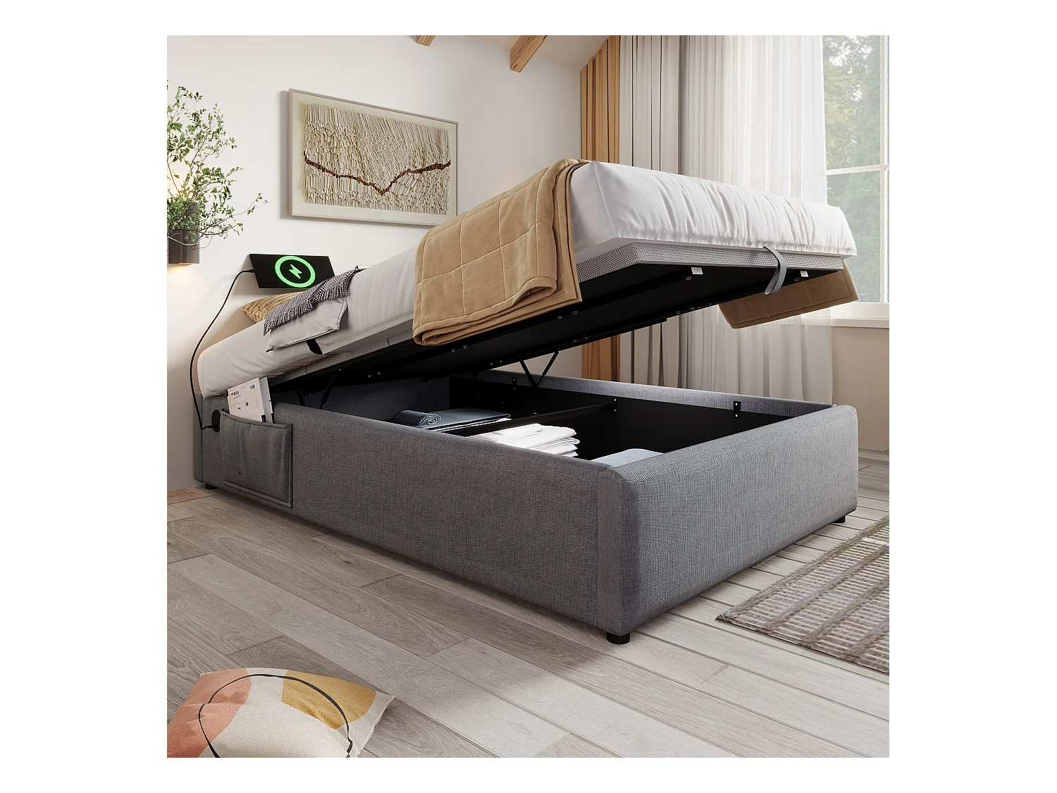 Lit coffre enfant 90x200 cm - Charge USB-C - sommier à lattes - Tissu coton gris (sans tête de lit et matelas)