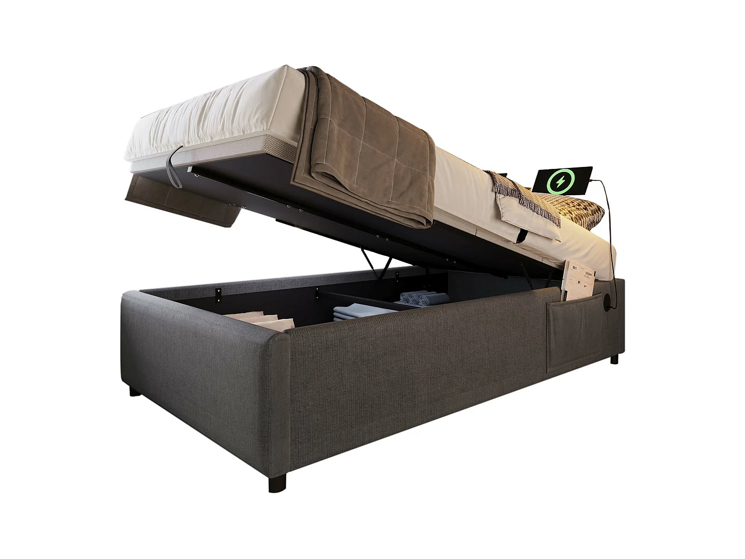 Lit coffre enfant 90x200 cm - Charge USB-C - sommier à lattes - Tissu coton gris (sans tête de lit et matelas)