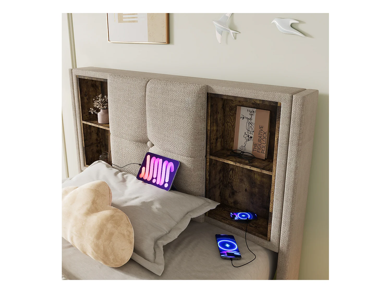 Opbergbed enkel 90x200 cm met draadloos USB-C opladen, houten lattenbodem en natuurlijk linnen (zonder matras)