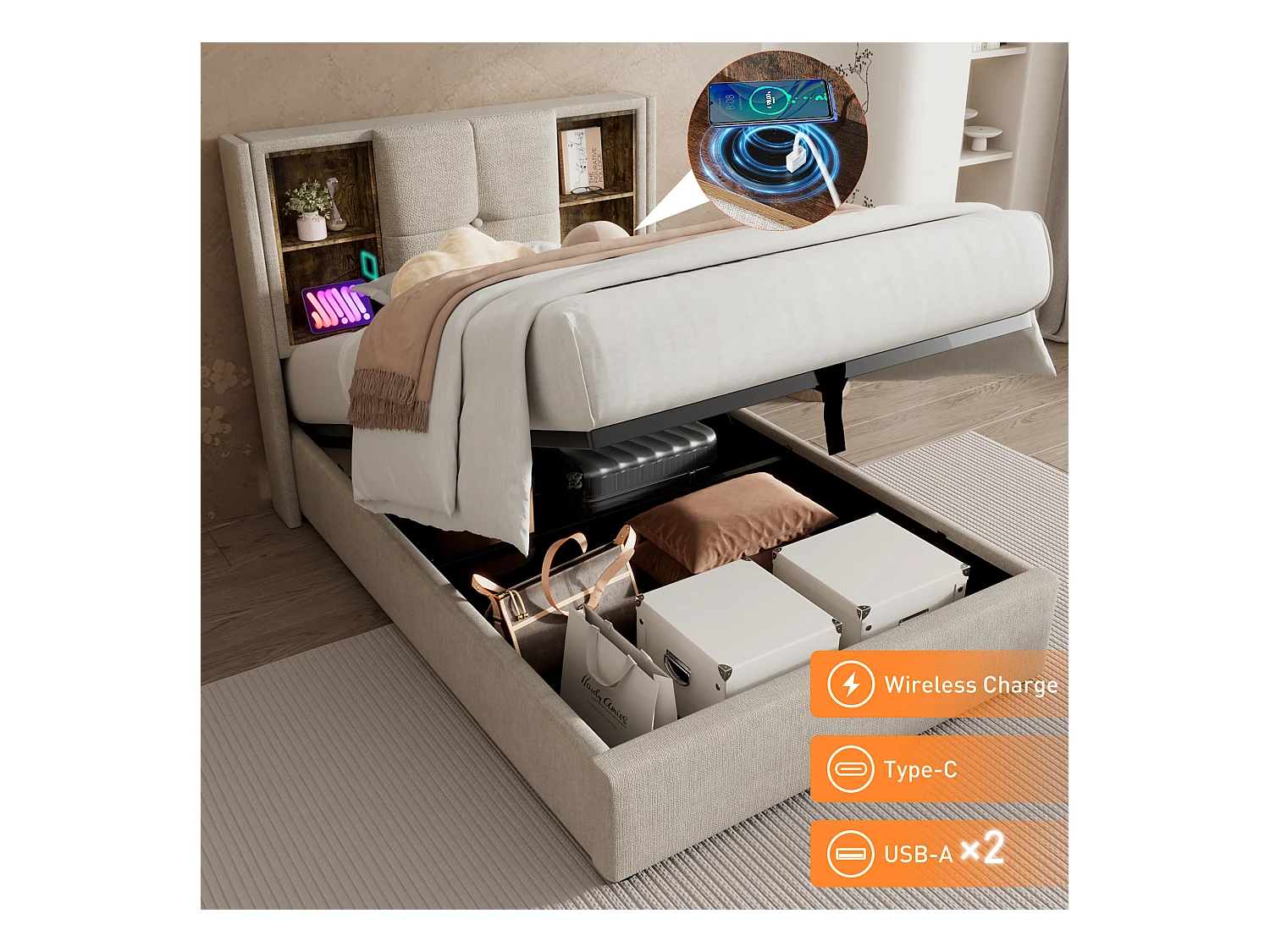 Lit coffre enfant 90x200 cm avec chargement sans fil USB-C, sommier en bois et lin naturel (sans matelas)