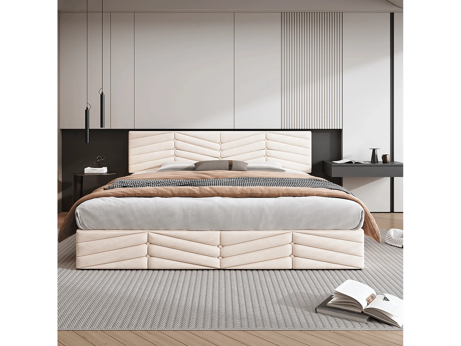 Cama baú dupla hidráulica 160x200 cm - Cabeceira ajustável em veludo bege (sem colchão)