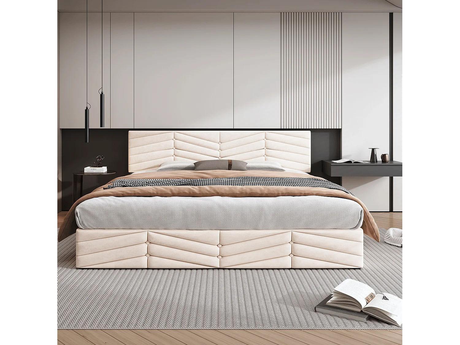 Lit coffre adulte hydraulique 160x200 cm - Tête de lit réglable velours beige (sans matelas)