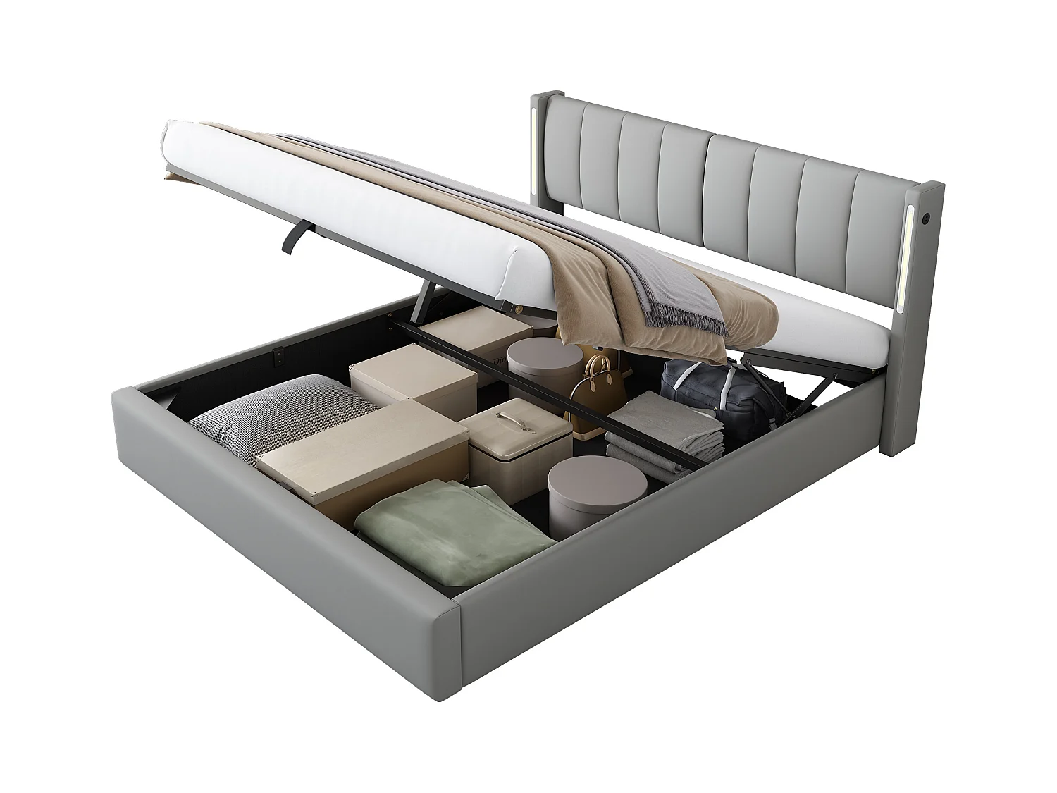 Tweepersoons opbergbed 140x200 cm met USB-poort, LED, verstelbare hoofdbord, in grijs PU (zonder matras)